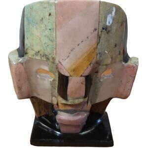 Mayan Aztec Onyx Death Mask Sculpture Folk Art Abalone Mother of Pearl Decor